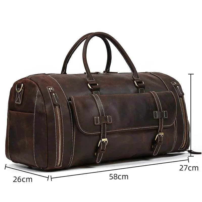 Large 58cm Genuine Leather Travel Bag Shoulder Bag with Shoe Compartment