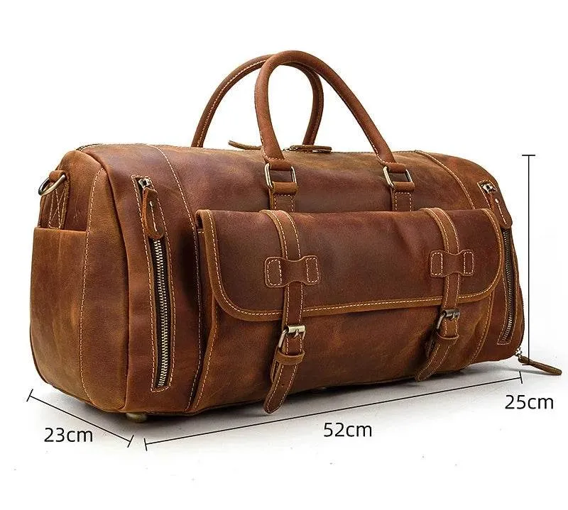 Large 58cm Genuine Leather Travel Bag Shoulder Bag with Shoe Compartment