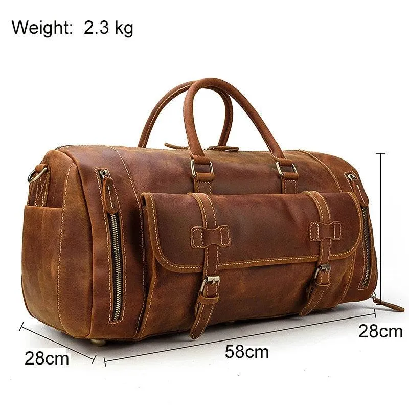 Large 58cm Genuine Leather Travel Bag Shoulder Bag with Shoe Compartment