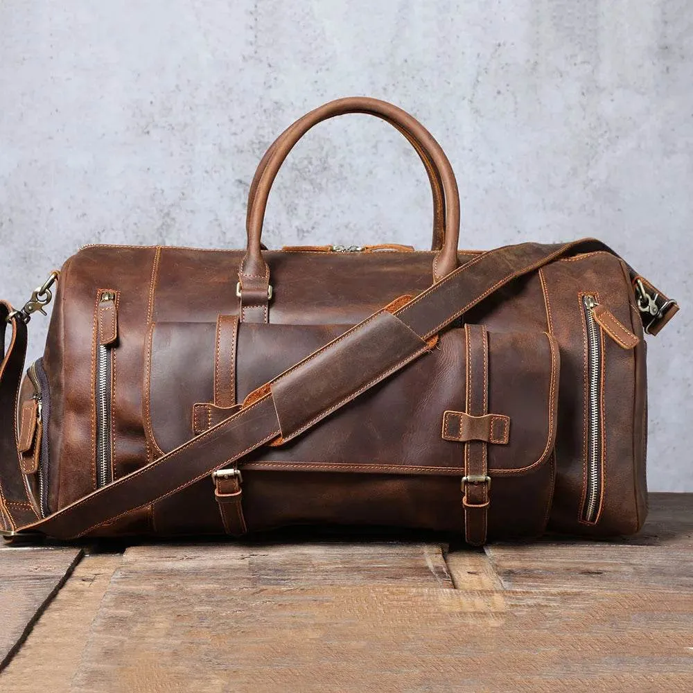 Large 58cm Genuine Leather Travel Bag Shoulder Bag with Shoe Compartment