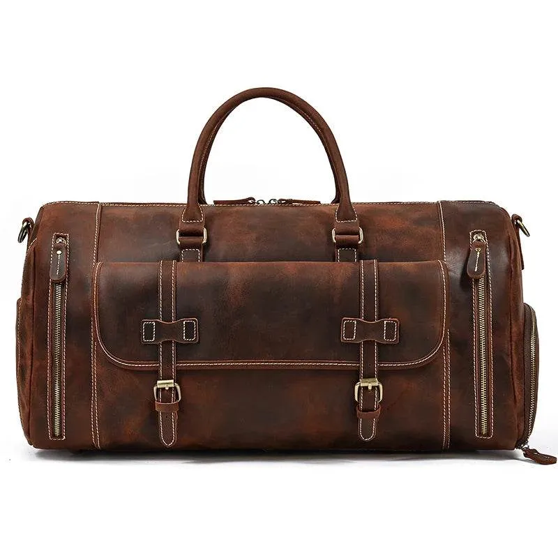 Large 58cm Genuine Leather Travel Bag Shoulder Bag with Shoe Compartment