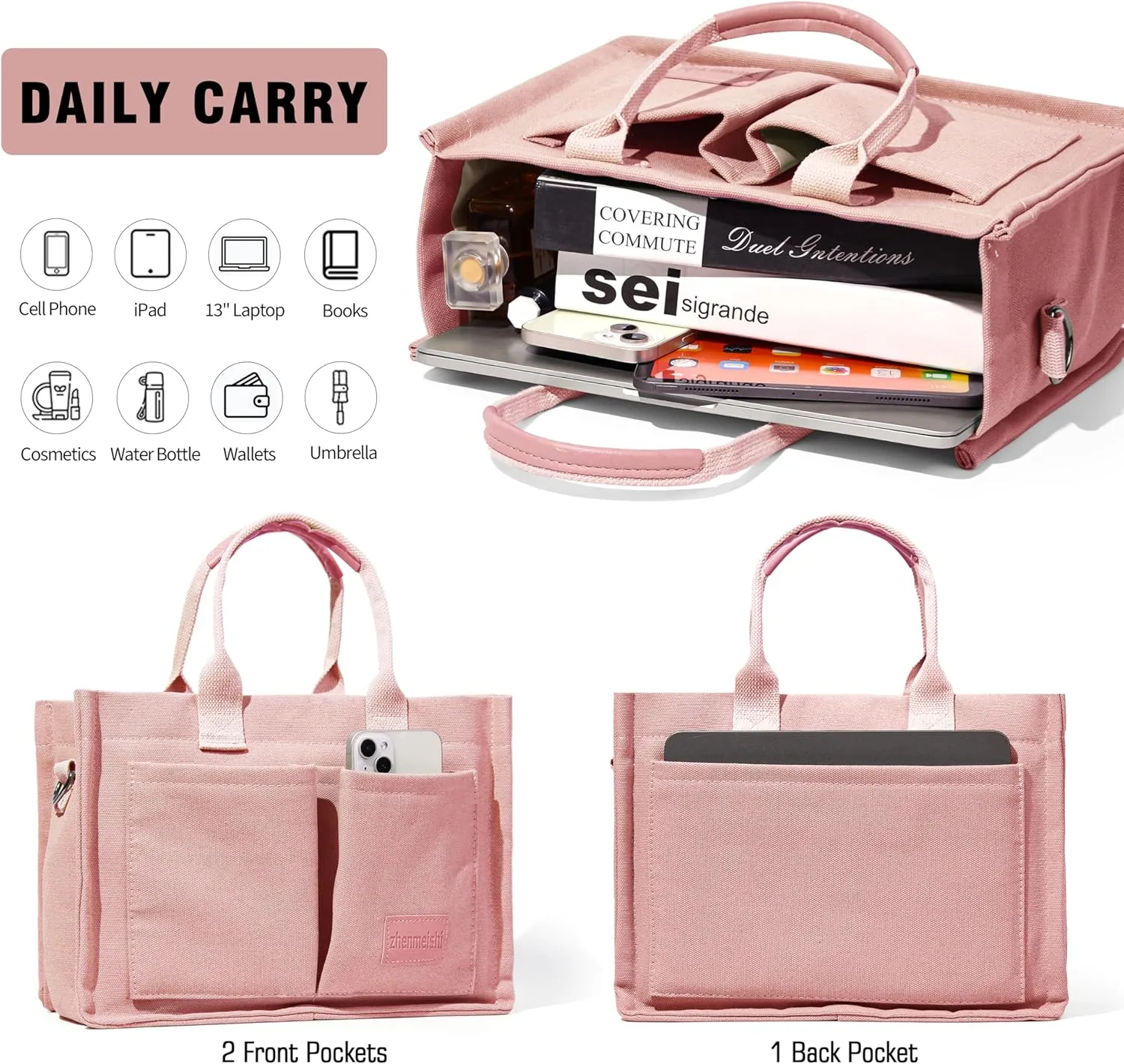Large Canvas Tote Bag for Women with Pockets, Crossbody Shoulder Handbag Work Bags for Travel and Everyday Use