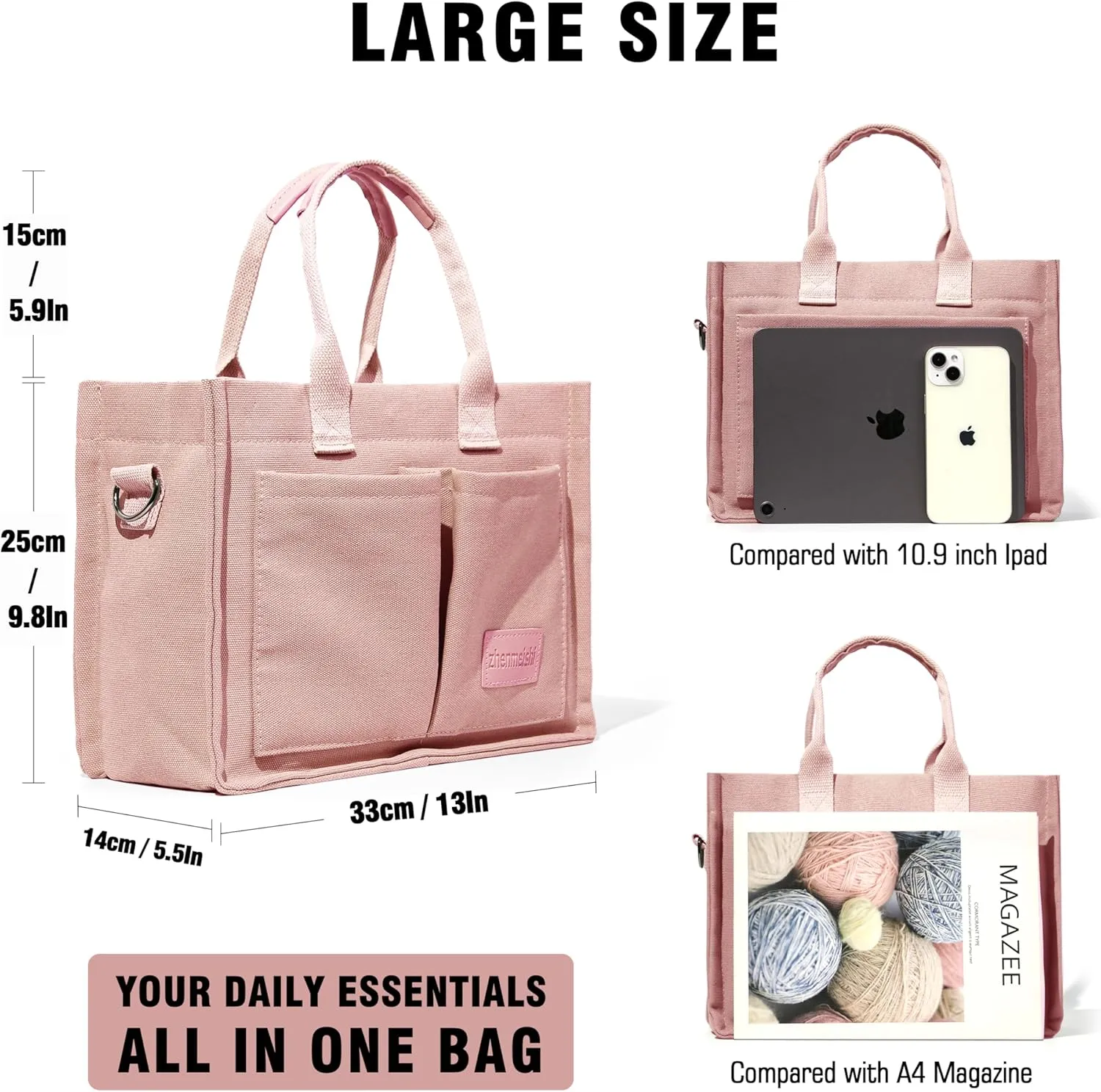 Large Canvas Tote Bag for Women with Pockets, Crossbody Shoulder Handbag Work Bags for Travel and Everyday Use