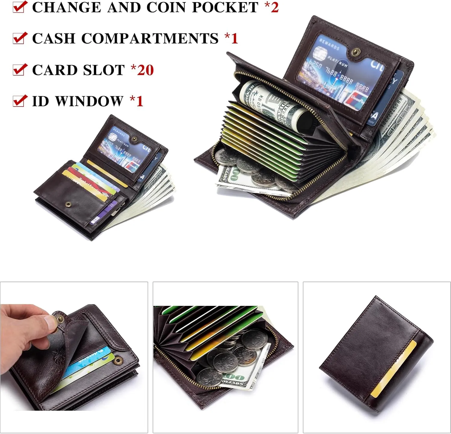 Large Capacity Wallets for Men Genuine Leather RFID Blocking Accordion Credit Card Wallet with 21 Card Slots, Coffee