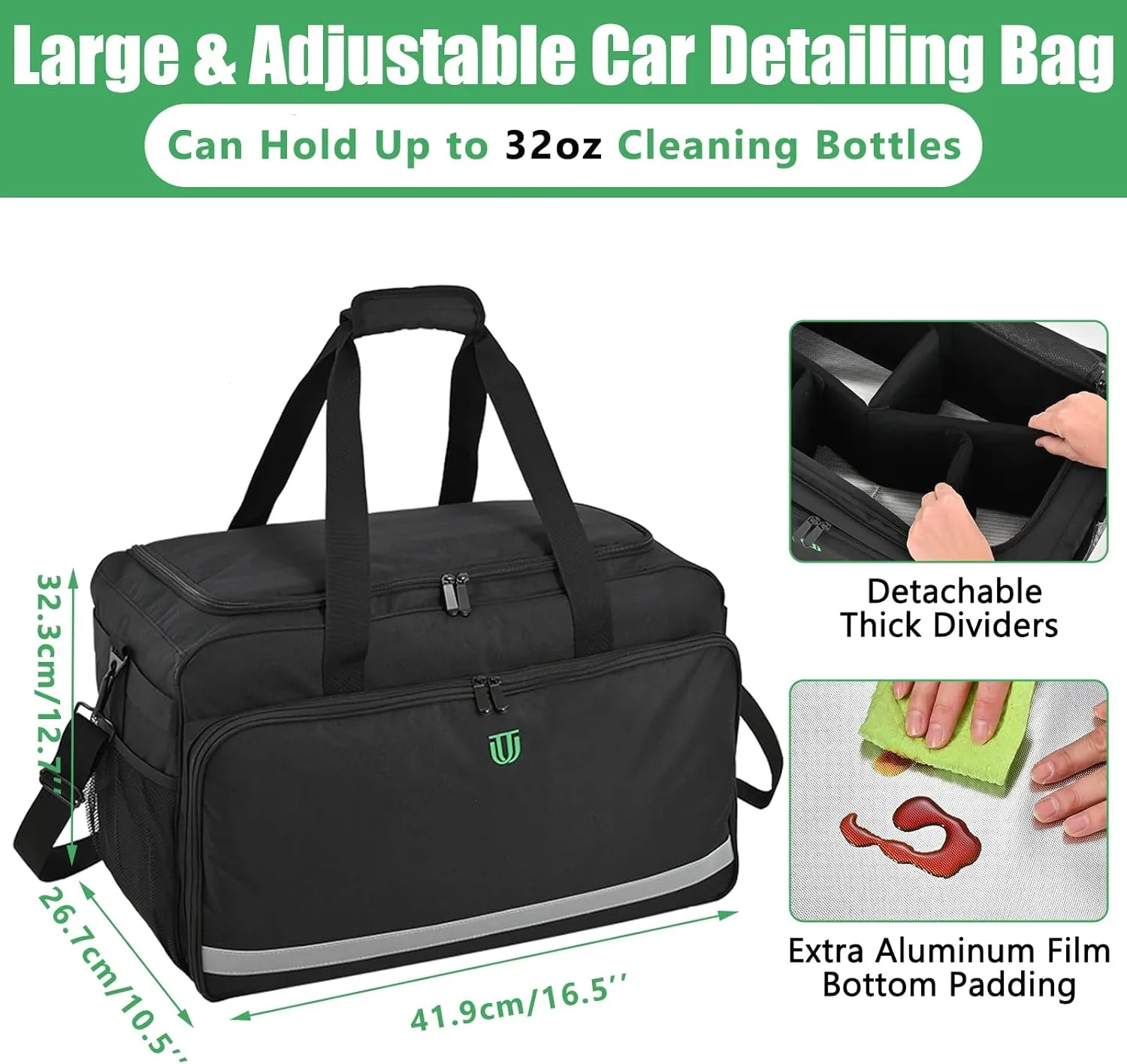 Large Car Detailing Bag, Cleaning Caddy for Auto Detailing Supplies, Car Cleaning Storage Trunk Organizer for Polisher and Vehicle Wash Tools, Black