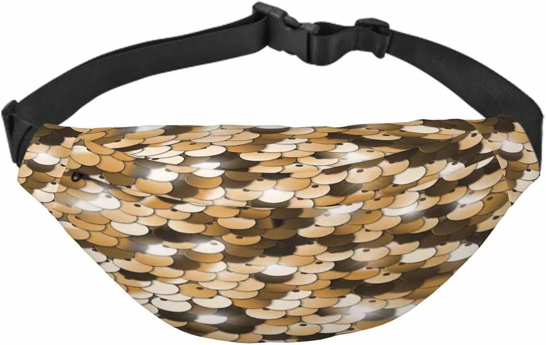 Large Crossbody Bag Waistpack Golden Sequins Shining Scale Wafer Circles Shiny Glitter Leisure Sports Fanny Pack Zipper Bag for Running, Travel