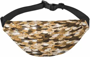 Large Crossbody Bag Waistpack Golden Sequins Shining Scale Wafer Circles Shiny Glitter Leisure Sports Fanny Pack Zipper Bag for Running, Travel