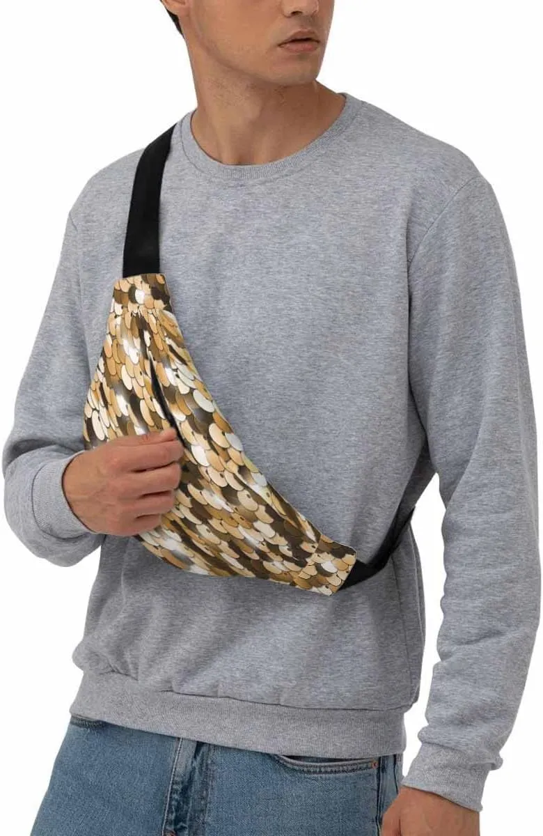 Large Crossbody Bag Waistpack Golden Sequins Shining Scale Wafer Circles Shiny Glitter Leisure Sports Fanny Pack Zipper Bag for Running, Travel