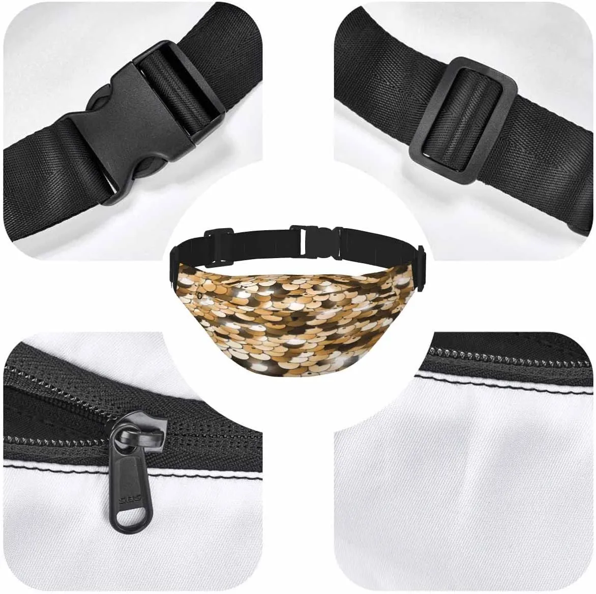 Large Crossbody Bag Waistpack Golden Sequins Shining Scale Wafer Circles Shiny Glitter Leisure Sports Fanny Pack Zipper Bag for Running, Travel