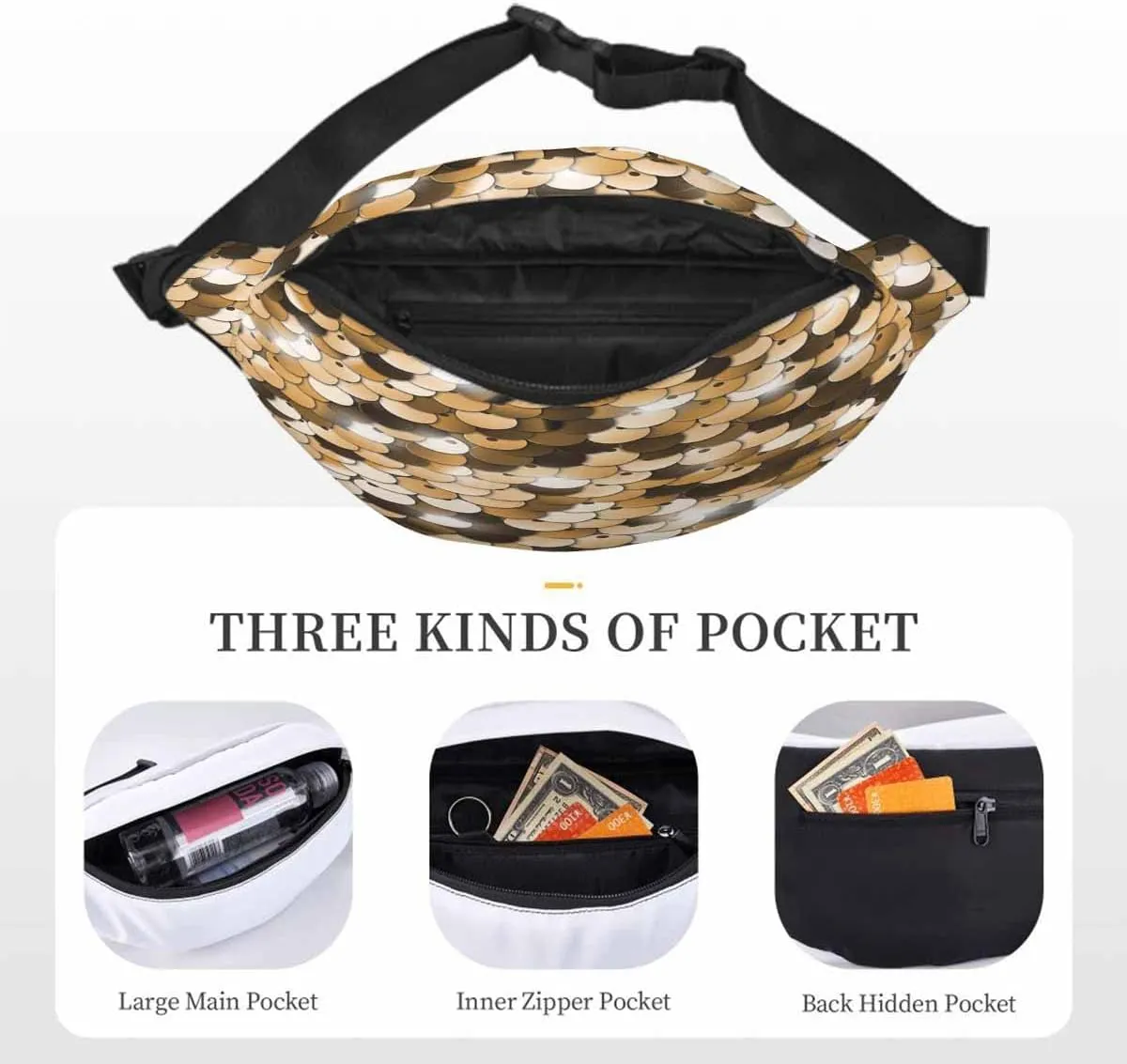 Large Crossbody Bag Waistpack Golden Sequins Shining Scale Wafer Circles Shiny Glitter Leisure Sports Fanny Pack Zipper Bag for Running, Travel