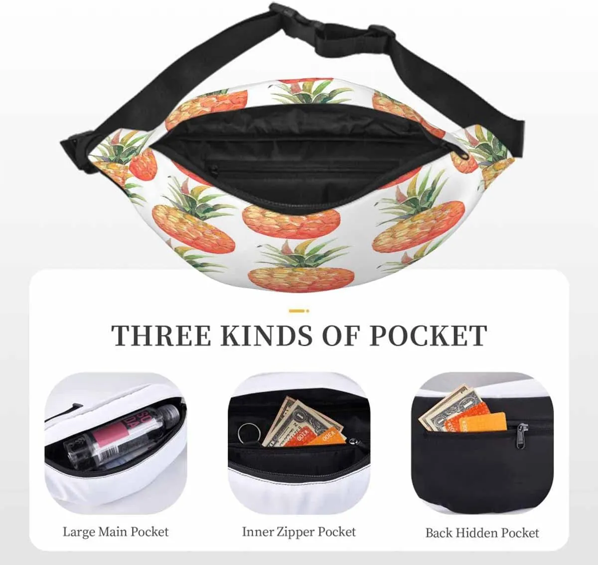 Large Crossbody Bag Waistpack Hawaiian Pineapples Healthy Sweet Fruit Food Juice Leisure Sports Fanny Pack Zipper Bag for Running, Travel