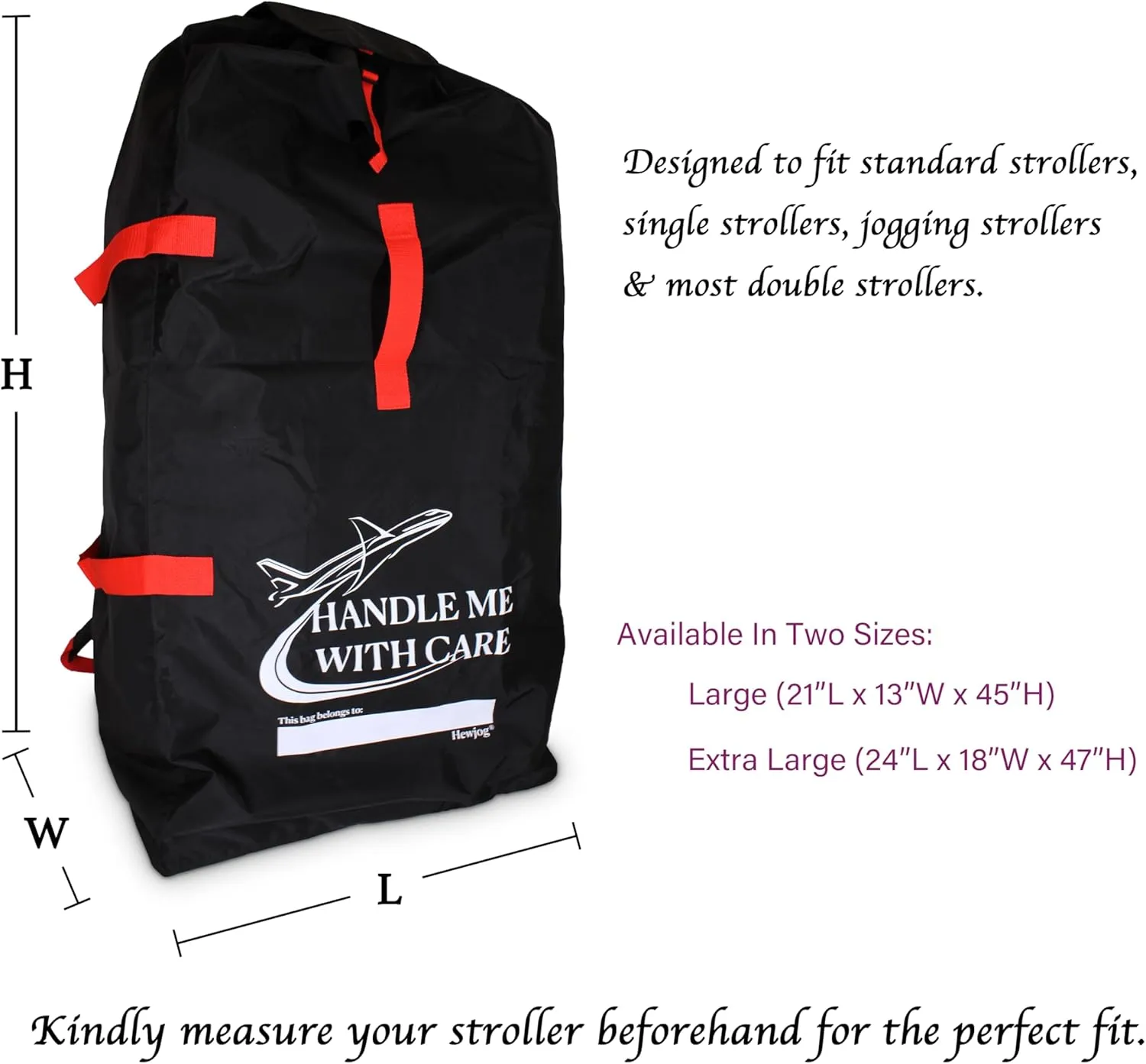 Large Stroller Travel Bag for Airplane, for Single Standard & Double Strollers, Water-Resistant Padded Stroller Cover Stroller Check Bag for Air Travel, Black