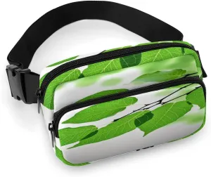 Large Waist Packs with Adjustable Strap,Green And White Leaf CrossBody Fanny Pack Casual Bag for Travel Sports Running Hiking
