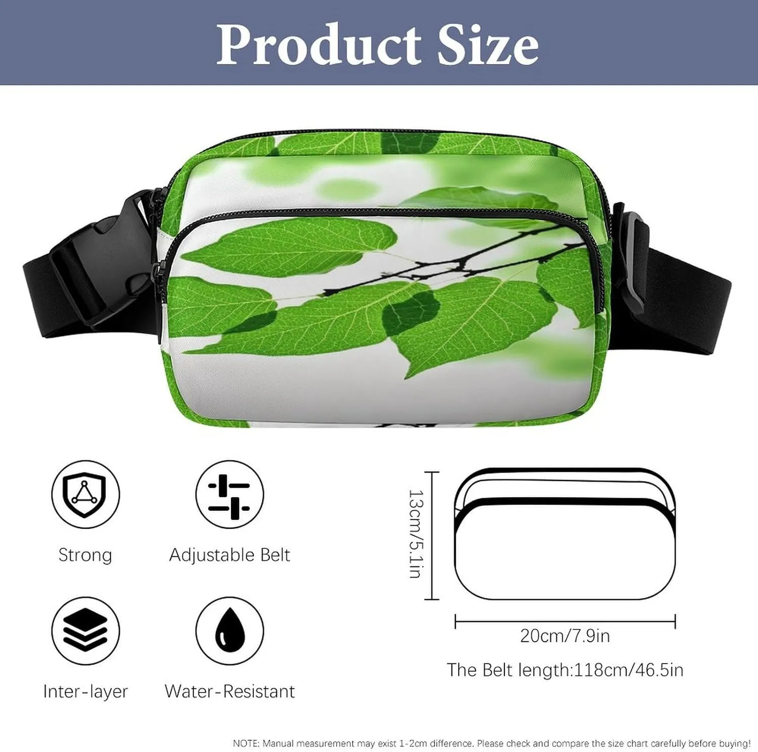 Large Waist Packs with Adjustable Strap,Green And White Leaf CrossBody Fanny Pack Casual Bag for Travel Sports Running Hiking