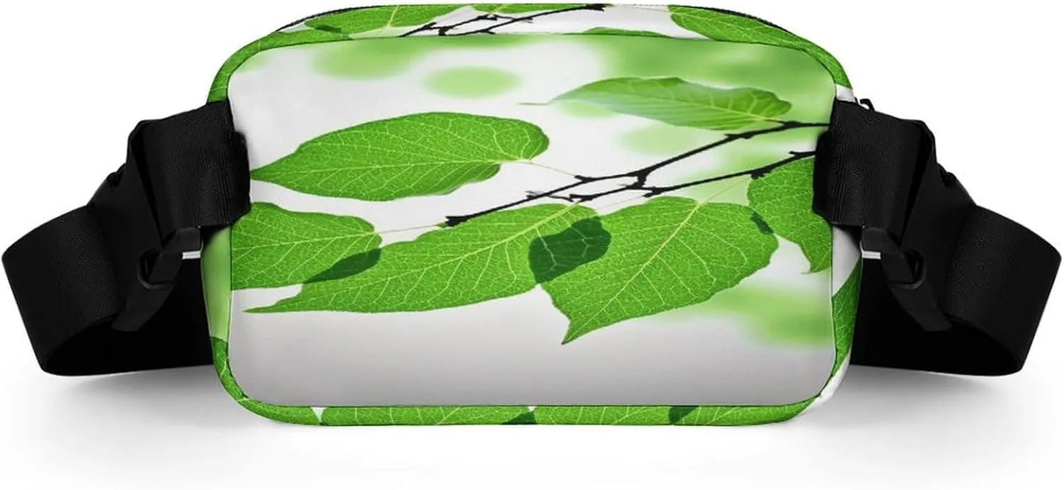Large Waist Packs with Adjustable Strap,Green And White Leaf CrossBody Fanny Pack Casual Bag for Travel Sports Running Hiking