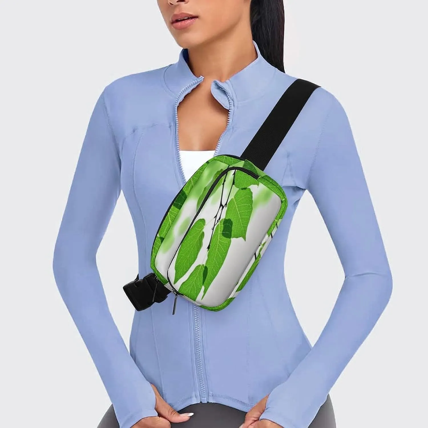 Large Waist Packs with Adjustable Strap,Green And White Leaf CrossBody Fanny Pack Casual Bag for Travel Sports Running Hiking