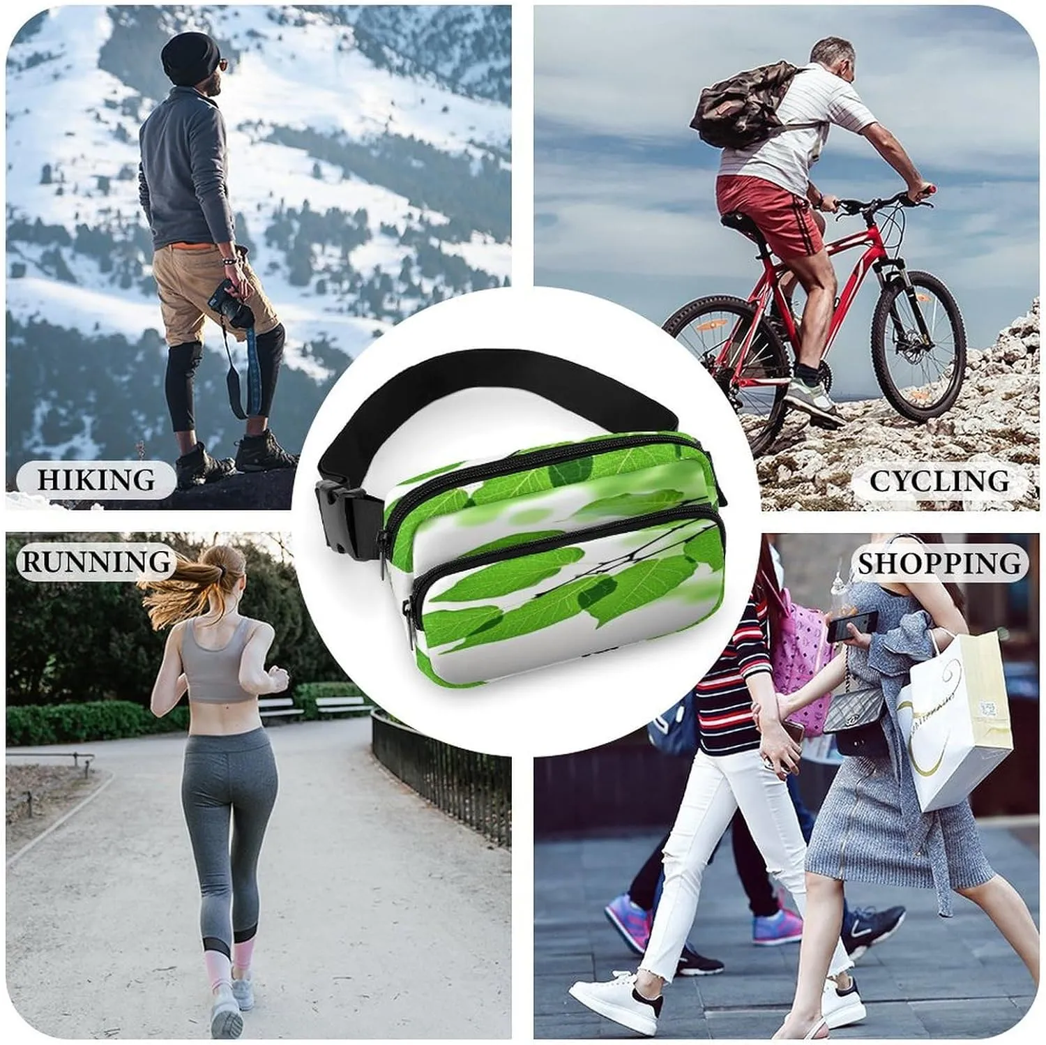 Large Waist Packs with Adjustable Strap,Green And White Leaf CrossBody Fanny Pack Casual Bag for Travel Sports Running Hiking