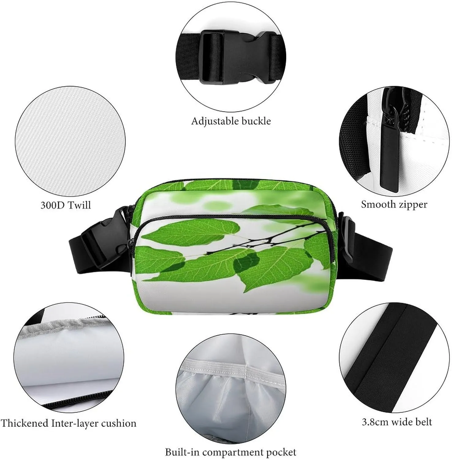 Large Waist Packs with Adjustable Strap,Green And White Leaf CrossBody Fanny Pack Casual Bag for Travel Sports Running Hiking