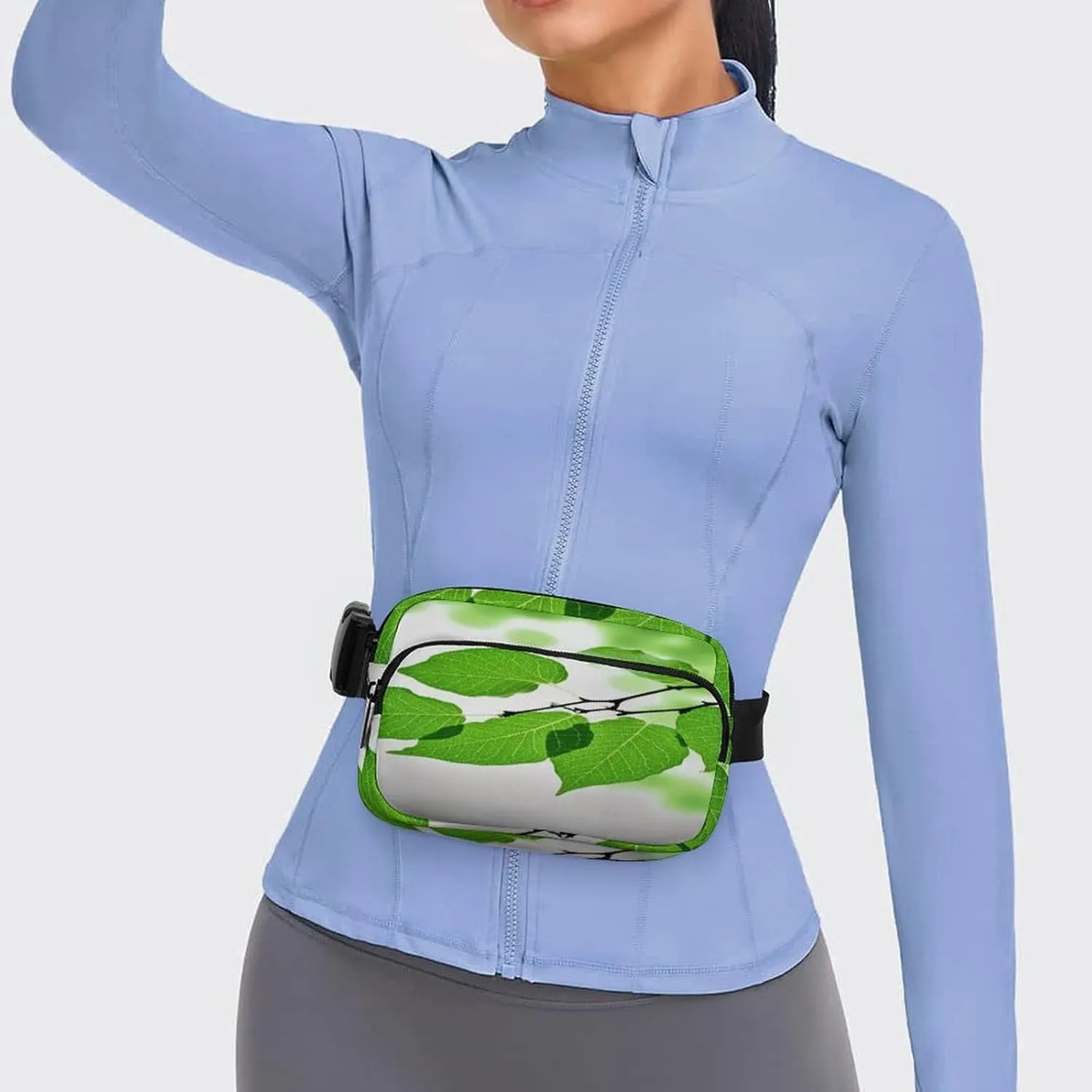 Large Waist Packs with Adjustable Strap,Green And White Leaf CrossBody Fanny Pack Casual Bag for Travel Sports Running Hiking