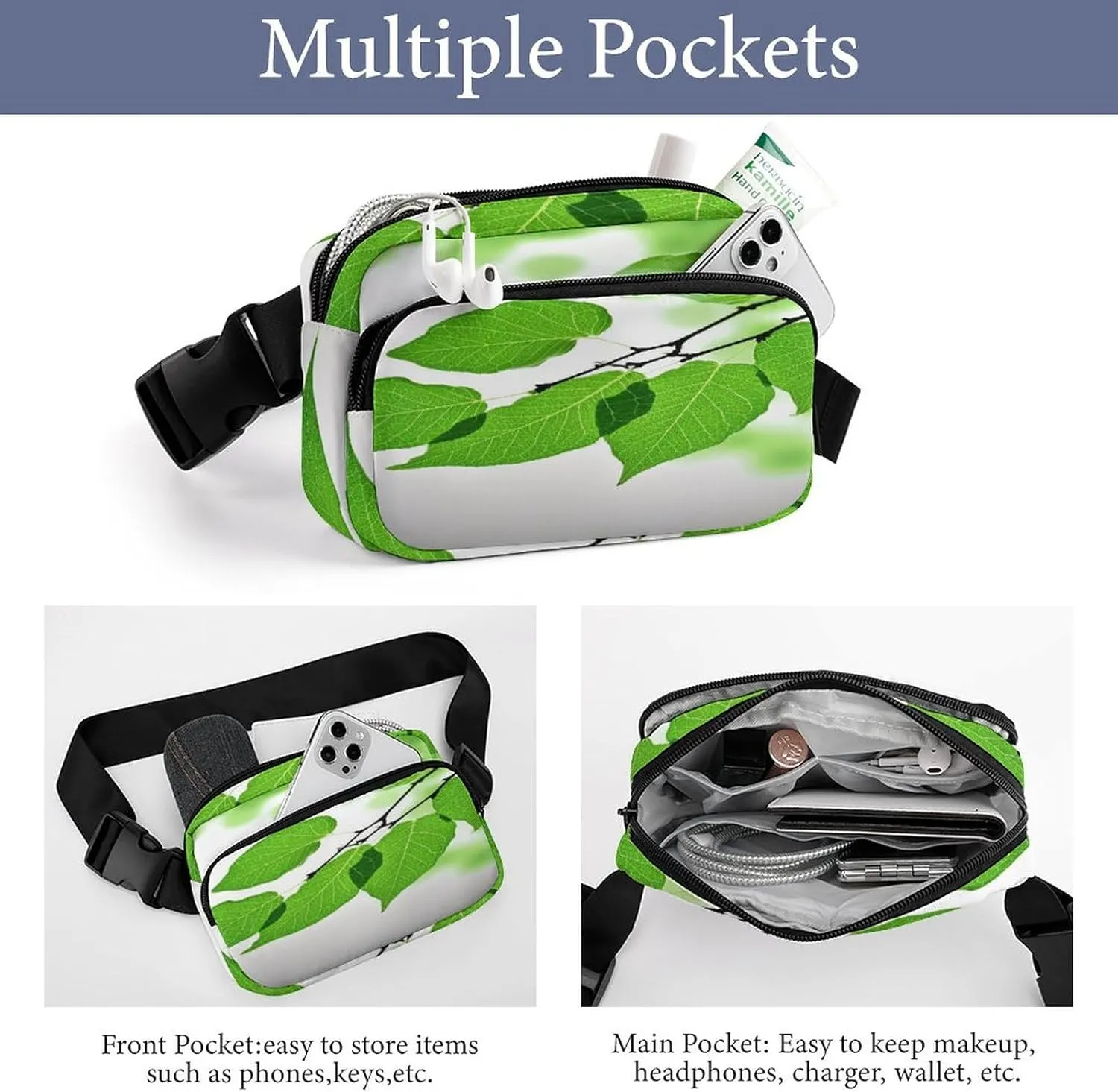 Large Waist Packs with Adjustable Strap,Green And White Leaf CrossBody Fanny Pack Casual Bag for Travel Sports Running Hiking