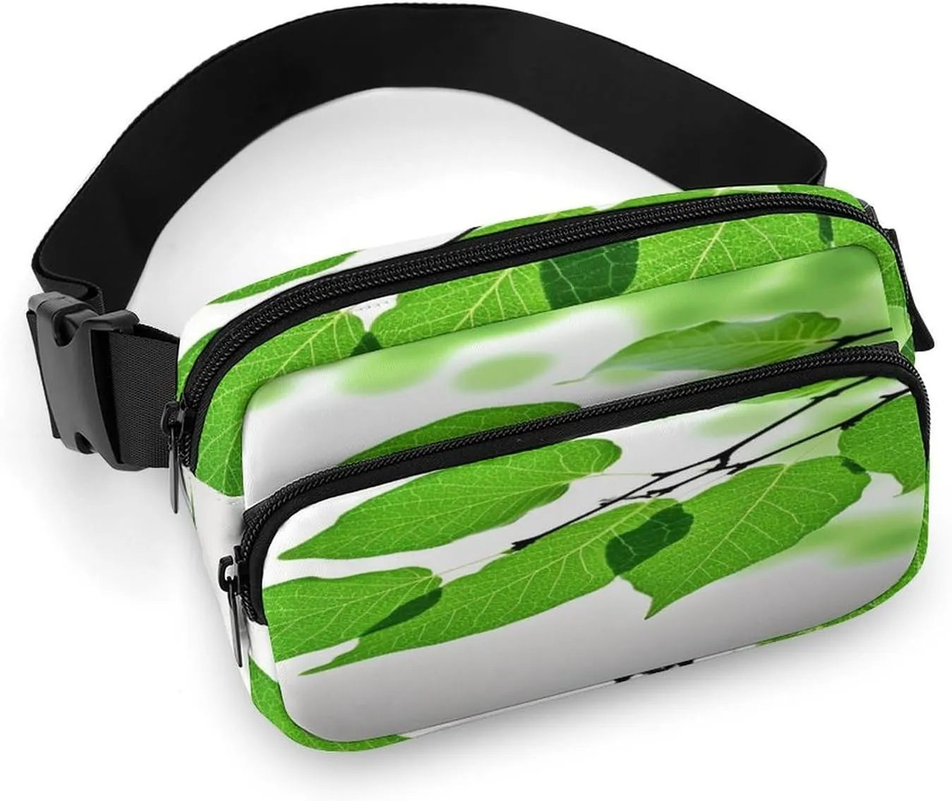 Large Waist Packs with Adjustable Strap,Green And White Leaf CrossBody Fanny Pack Casual Bag for Travel Sports Running Hiking