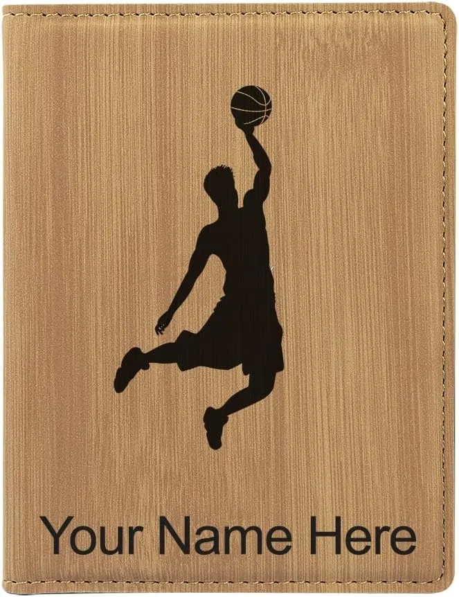 LaserGram Faux Leather Passport Holder, Basketball Slam Dunk Man, Personalized Engraving Included (Bamboo)