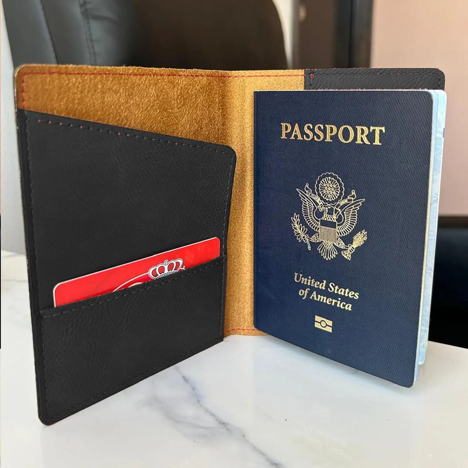LaserGram Faux Leather Passport Holder, Basketball Slam Dunk Man, Personalized Engraving Included (Black with Silver)