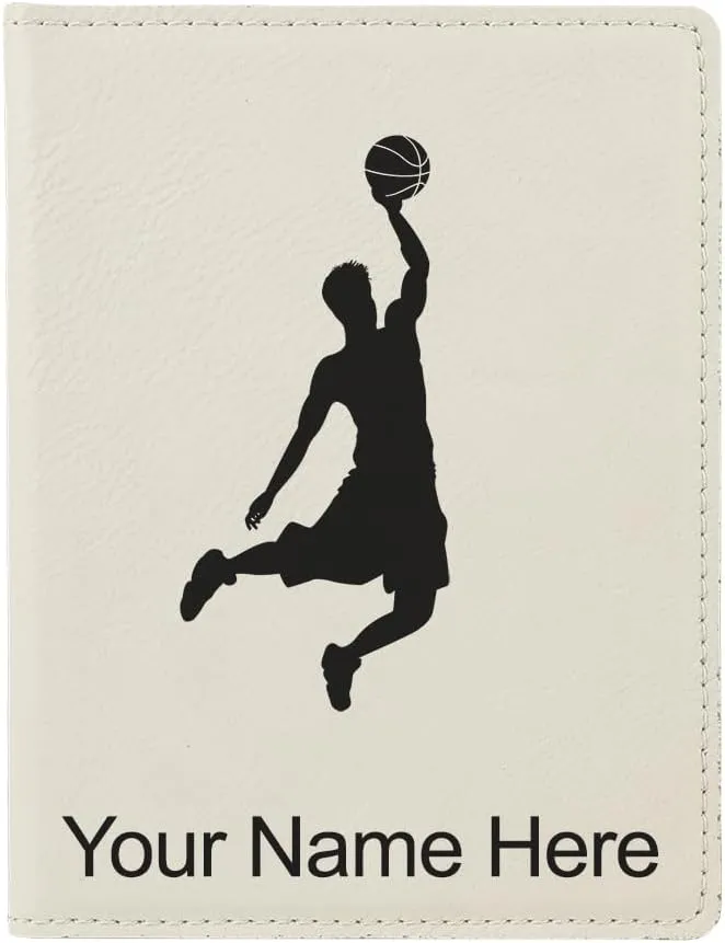 LaserGram Faux Leather Passport Holder, Basketball Slam Dunk Man, Personalized Engraving Included (White)