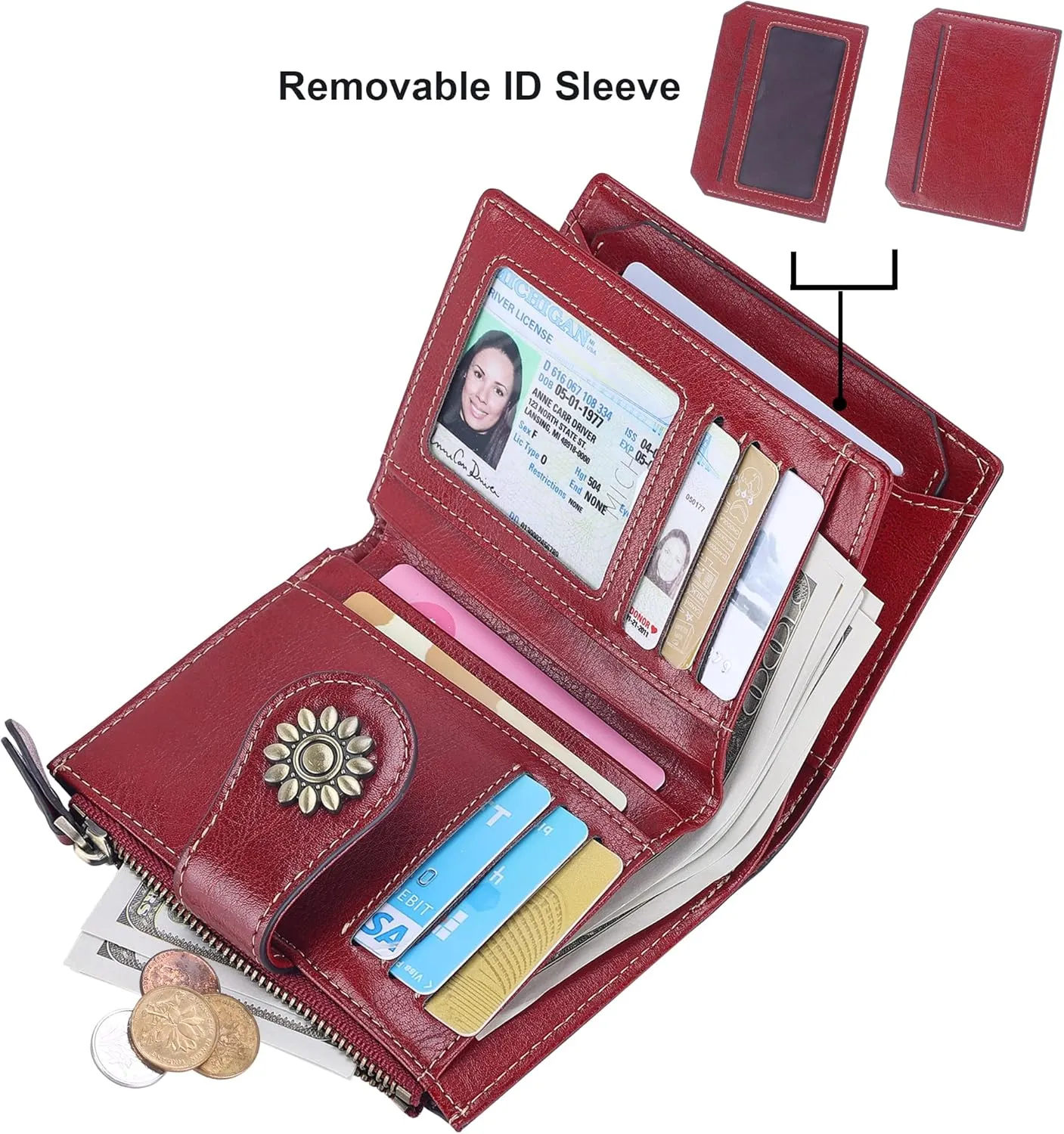 Lavemi Womens Leather Wallet Small Compact RFID Blocking Credit Card Case Purse with Zipper Pocket