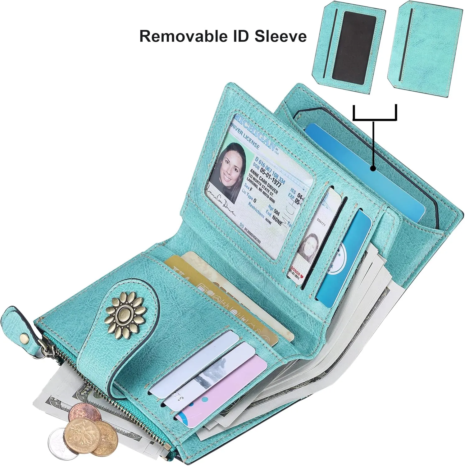 Lavemi Womens Leather Wallet Small Compact RFID Blocking Credit Card Case Purse with Zipper Pocket