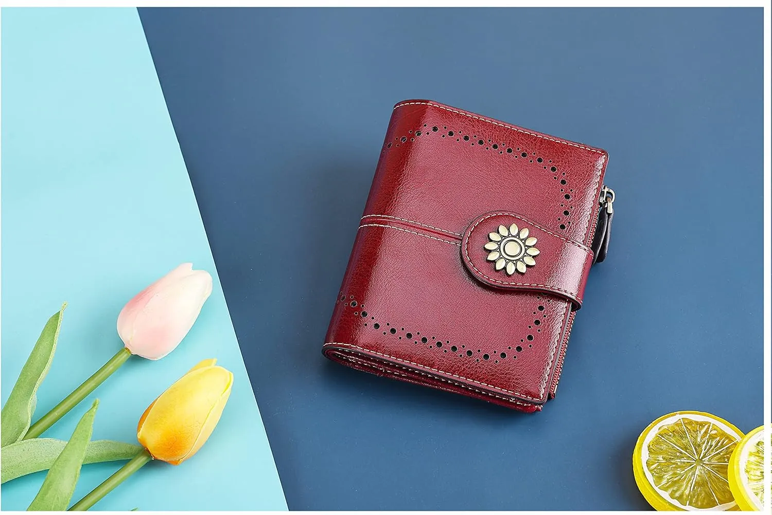 Lavemi Womens Leather Wallet Small Compact RFID Blocking Credit Card Case Purse with Zipper Pocket