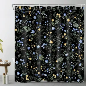 LB Blue and Yellow Floral Shower Curtain Decor,Country Wildflower and Green Leaf Herb on Black Shower Curtain for Bathroom 72X72 inch Polyester Fabric Bathroom Decoration Bath Curtains Hooks Included