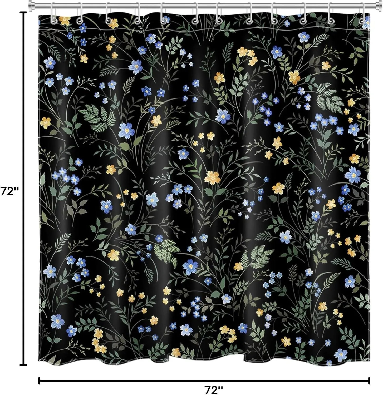 LB Blue and Yellow Floral Shower Curtain Decor,Country Wildflower and Green Leaf Herb on Black Shower Curtain for Bathroom 72X72 inch Polyester Fabric Bathroom Decoration Bath Curtains Hooks Included
