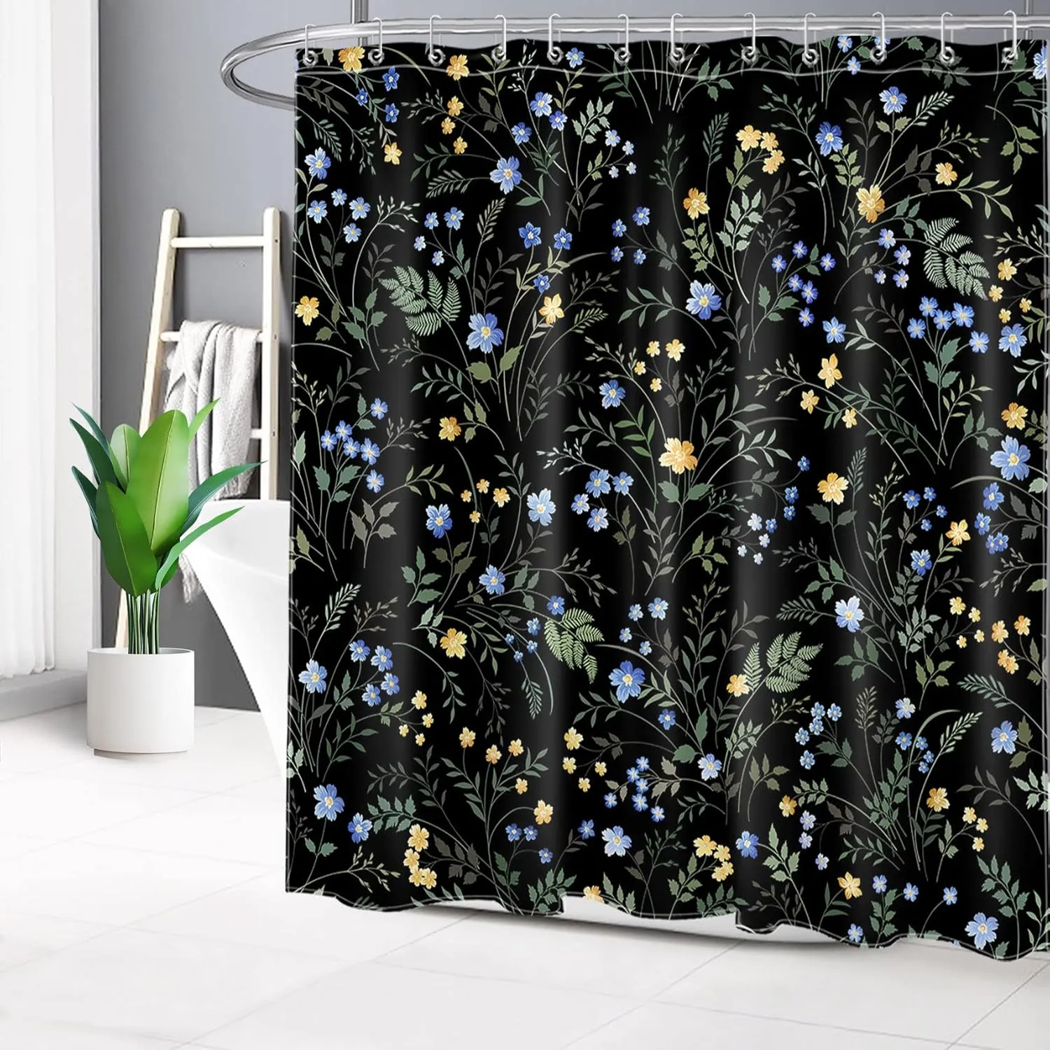 LB Blue and Yellow Floral Shower Curtain Decor,Country Wildflower and Green Leaf Herb on Black Shower Curtain for Bathroom 72X72 inch Polyester Fabric Bathroom Decoration Bath Curtains Hooks Included
