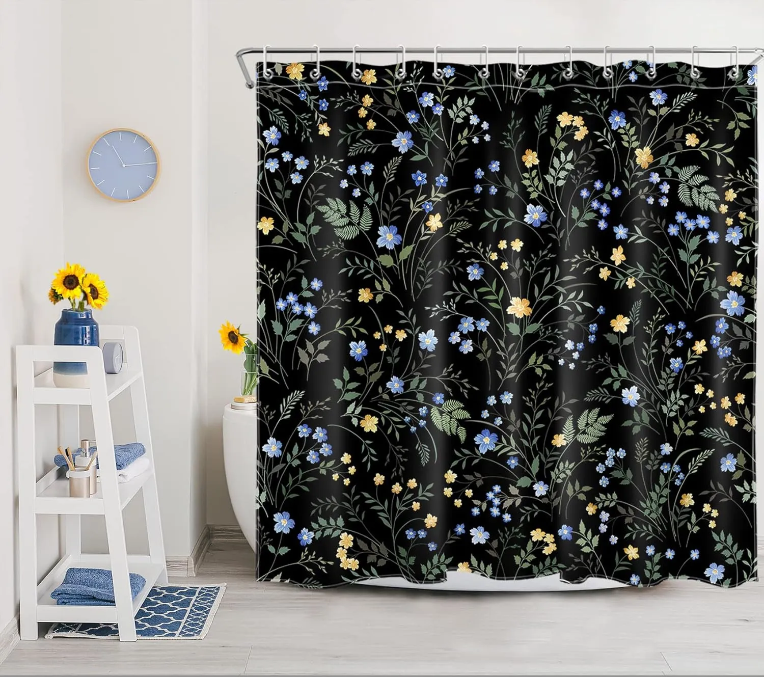 LB Blue and Yellow Floral Shower Curtain Decor,Country Wildflower and Green Leaf Herb on Black Shower Curtain for Bathroom 72X72 inch Polyester Fabric Bathroom Decoration Bath Curtains Hooks Included