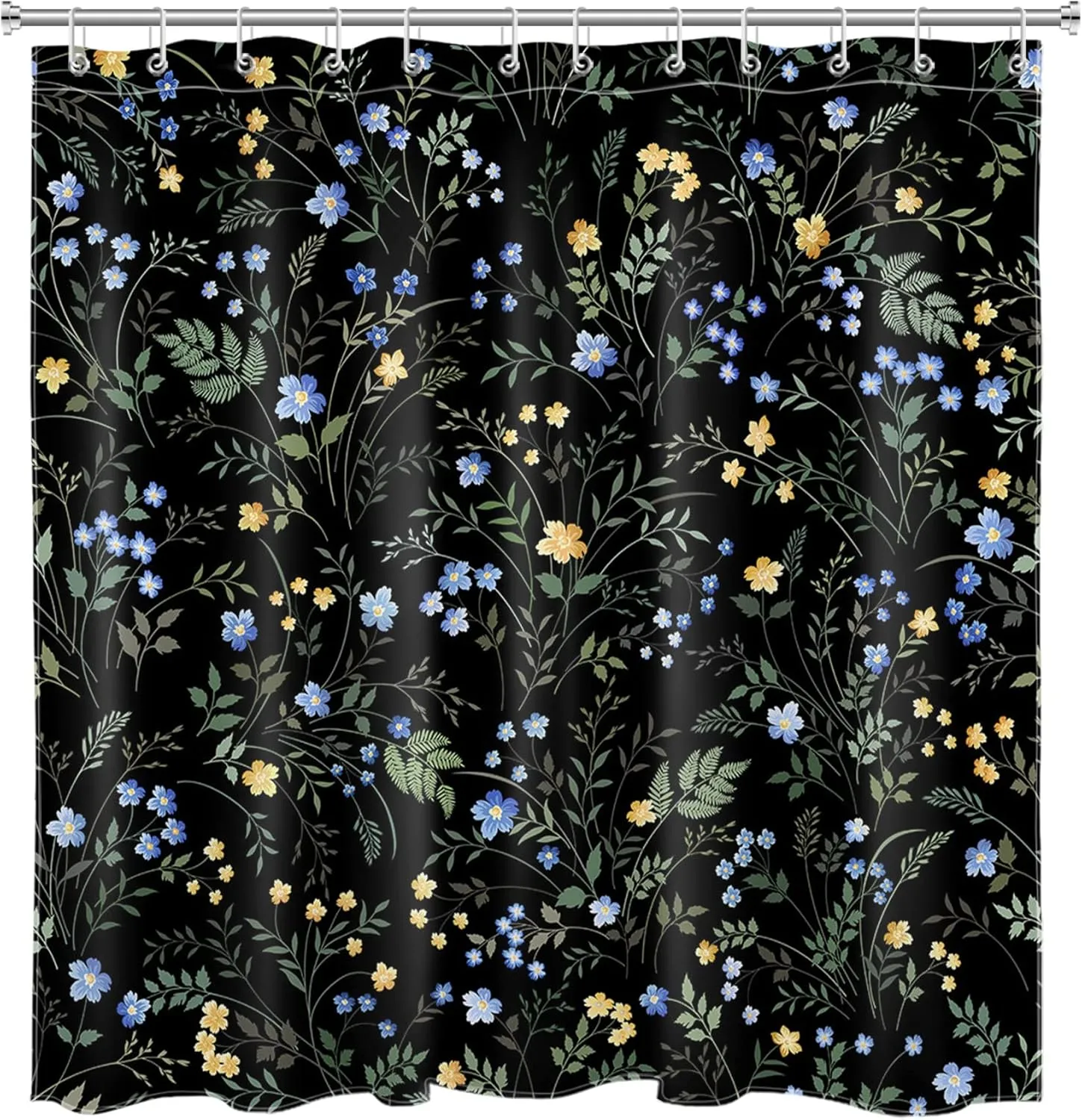 LB Blue and Yellow Floral Shower Curtain Decor,Country Wildflower and Green Leaf Herb on Black Shower Curtain for Bathroom 72X72 inch Polyester Fabric Bathroom Decoration Bath Curtains Hooks Included