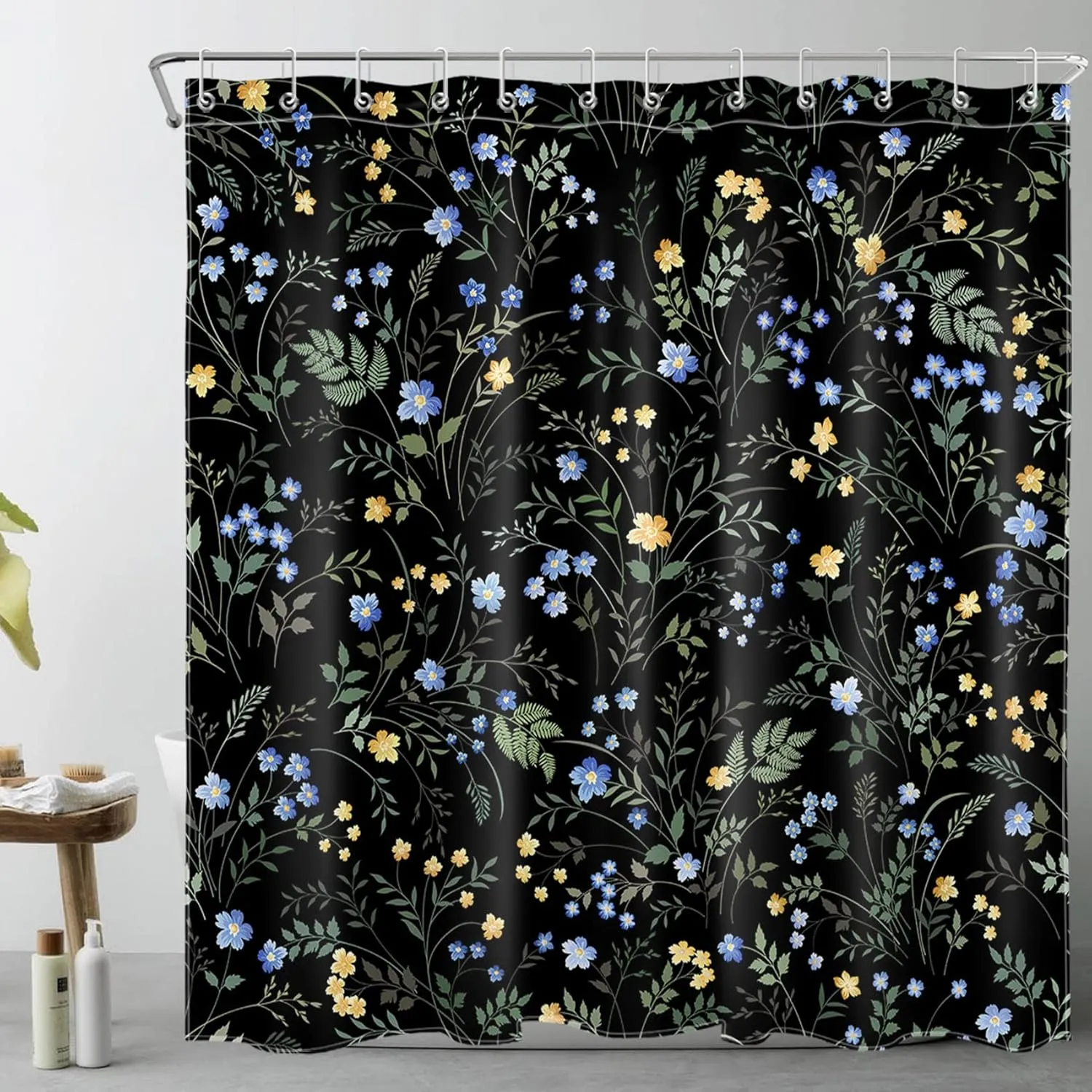 LB Blue and Yellow Floral Shower Curtain Decor,Country Wildflower and Green Leaf Herb on Black Shower Curtain for Bathroom 72X72 inch Polyester Fabric Bathroom Decoration Bath Curtains Hooks Included