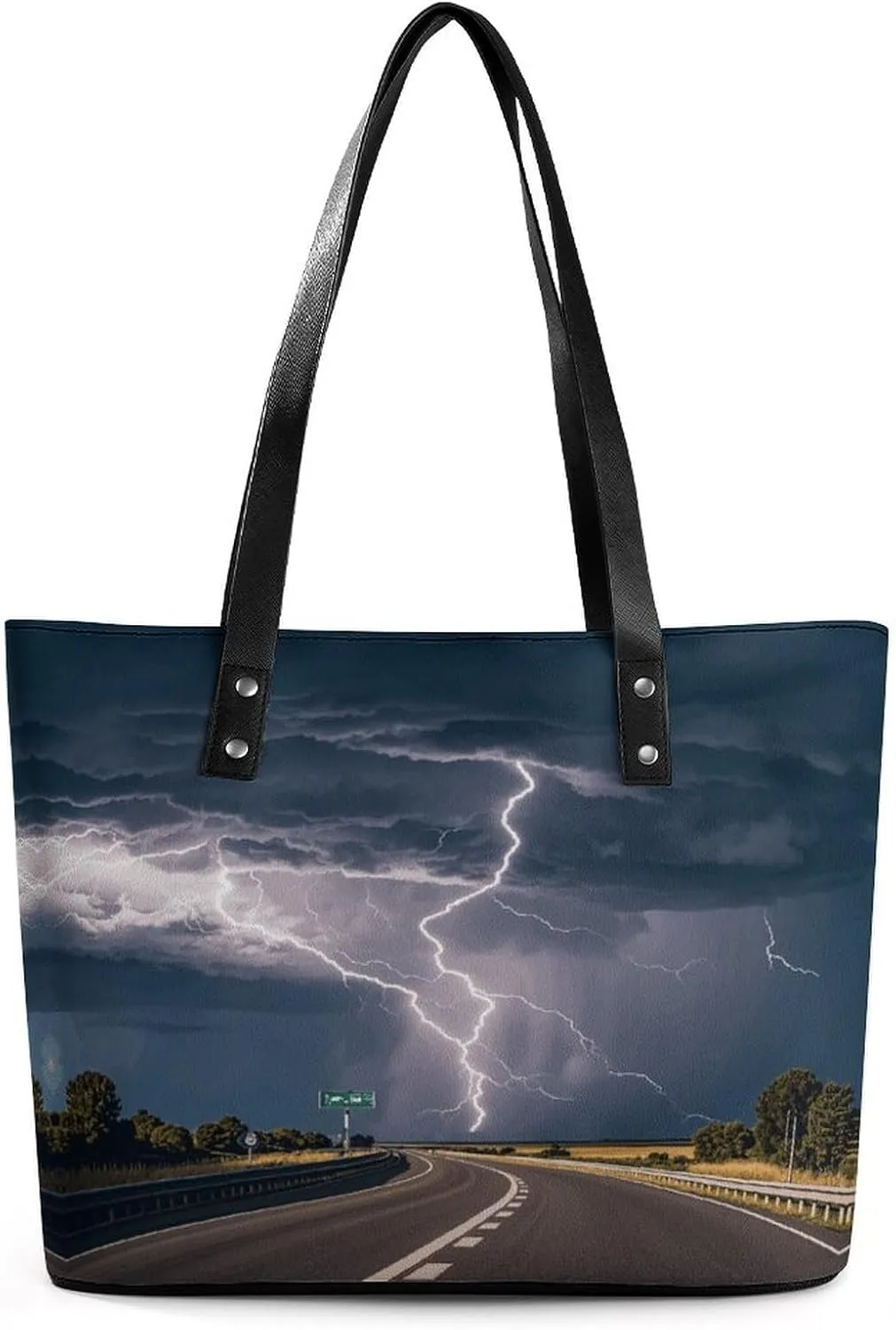 Leather Lady's Handbag Highway Lightning Print Leather Tote Bags For Women Trendy Ladies Shoulder Bag for Work, Travel, Casual Use