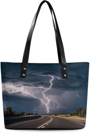 Leather Lady's Handbag Highway Lightning Print Leather Tote Bags For Women Trendy Ladies Shoulder Bag for Work, Travel, Casual Use