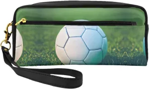 Leather Small Makeup Bag â€“ Green Soccer Ball On Grassy Print Travel Toiletry Bag, Cosmetic Accessories Organizer for Business Trips