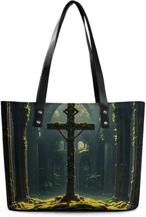 Leather Tote Bag for Women Shoulder Travel Purses Handbags The Cross Covered in Moss Aesthetic Shopping Bags Ladies
