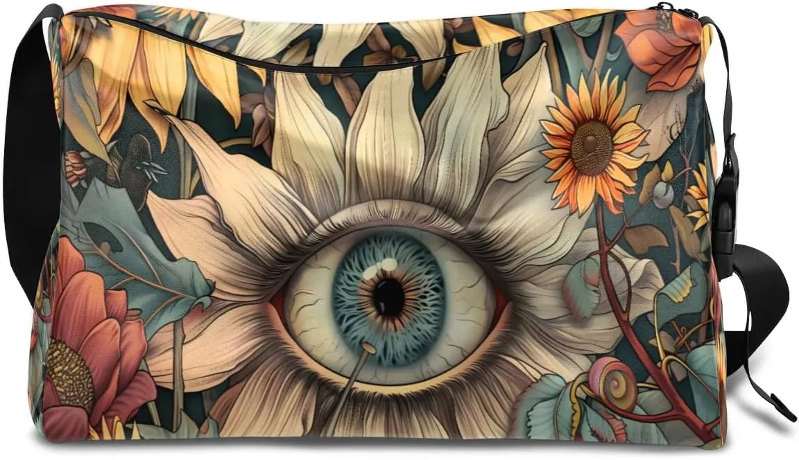 Leather Travel Duffle Bag for Women Men, Boho Flower Floral Eyes Small Sports Gym Bag Weekender Overnight Bags Underseat Carry on Luggage Bags for Airplanes, Personal Item Travel Bag,A-026