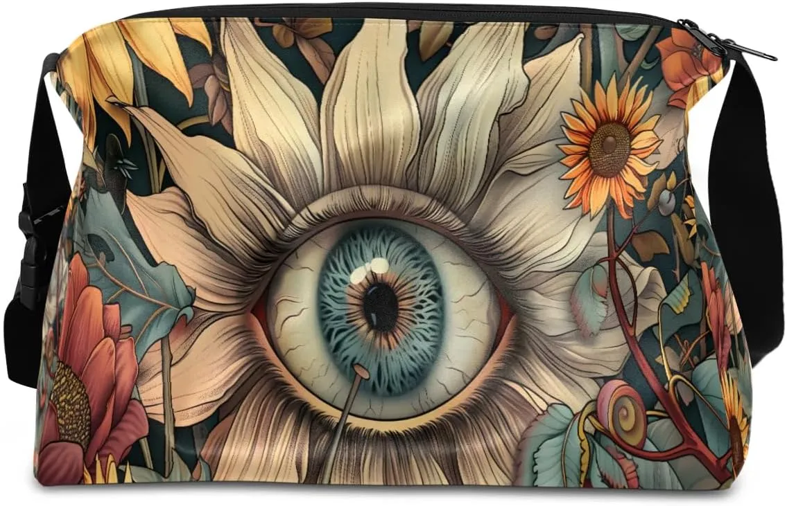Leather Travel Duffle Bag for Women Men, Boho Flower Floral Eyes Small Sports Gym Bag Weekender Overnight Bags Underseat Carry on Luggage Bags for Airplanes, Personal Item Travel Bag,A-026