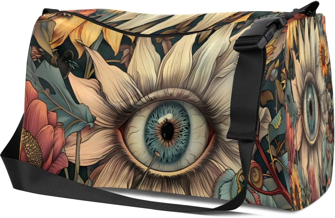 Leather Travel Duffle Bag for Women Men, Boho Flower Floral Eyes Small Sports Gym Bag Weekender Overnight Bags Underseat Carry on Luggage Bags for Airplanes, Personal Item Travel Bag,A-026