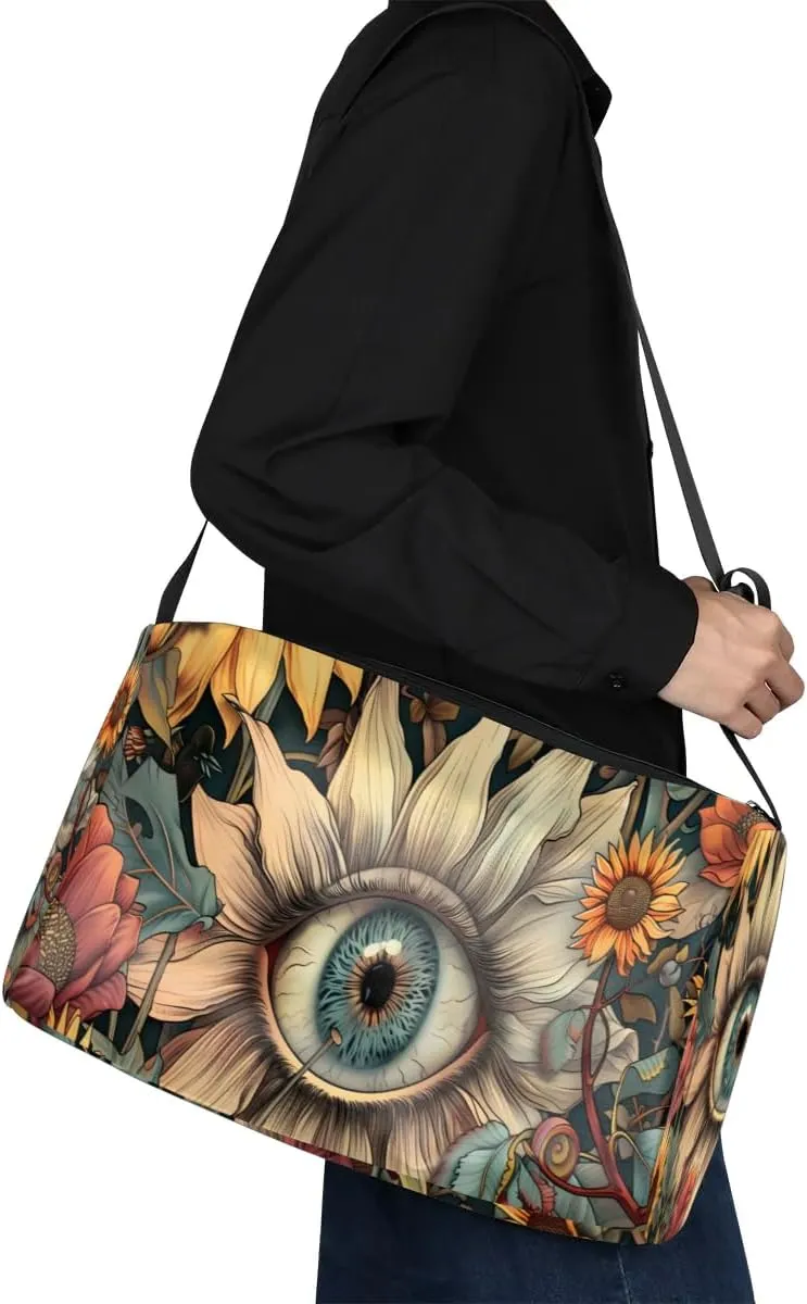 Leather Travel Duffle Bag for Women Men, Boho Flower Floral Eyes Small Sports Gym Bag Weekender Overnight Bags Underseat Carry on Luggage Bags for Airplanes, Personal Item Travel Bag,A-026