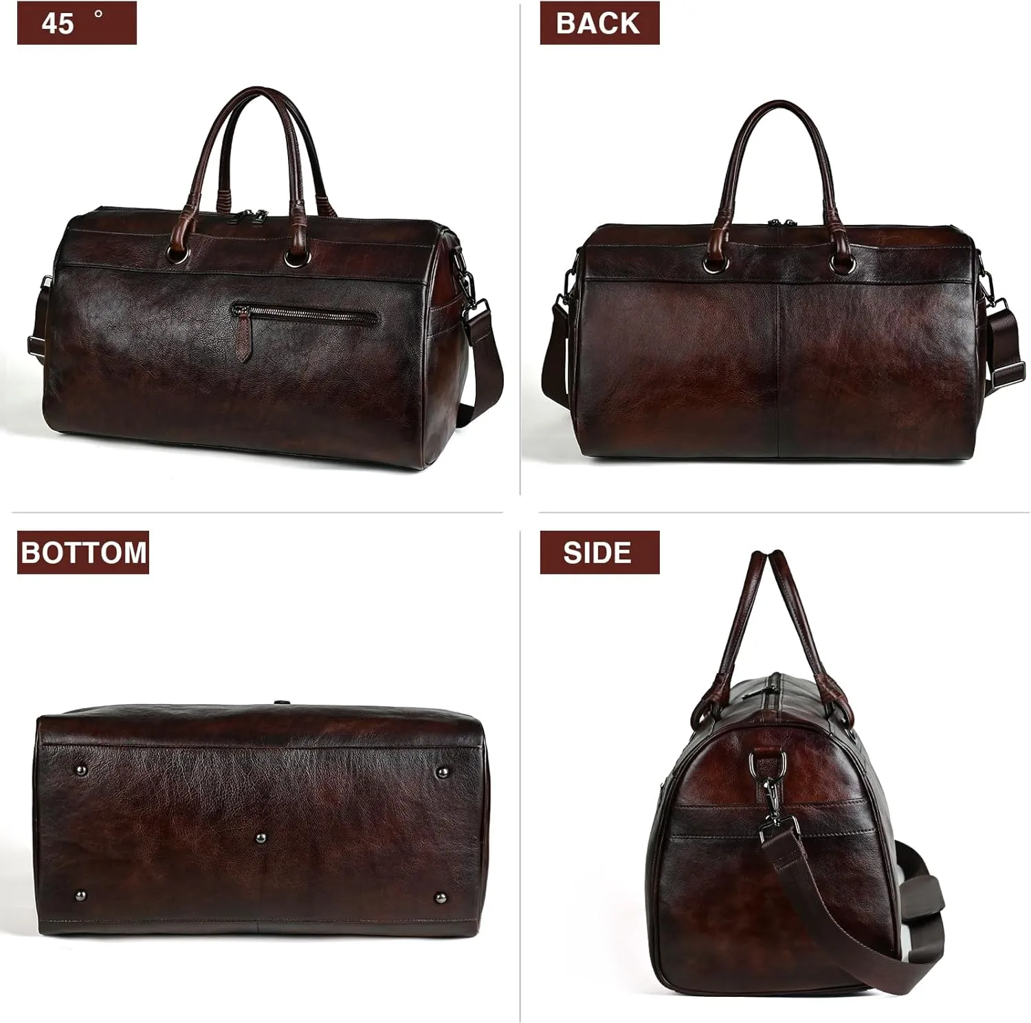 Leather travel luggage, fitness and sports bag, airplane luggage, handbag, crossbody bag (Coffee)