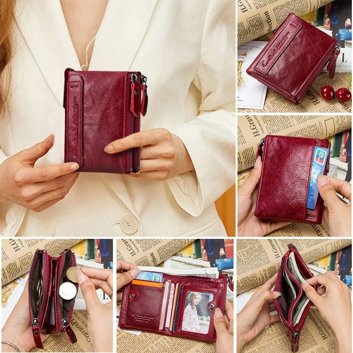 Leather Wallets for Women, Men's Genuine Leather Card Holder Purse Zipper Coin Pocket Double Zipper Bifold Wallet (Red)