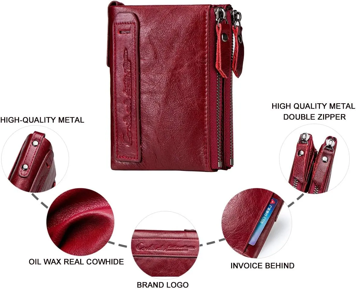 Leather Wallets for Women, Men's Genuine Leather Card Holder Purse Zipper Coin Pocket Double Zipper Bifold Wallet (Red)