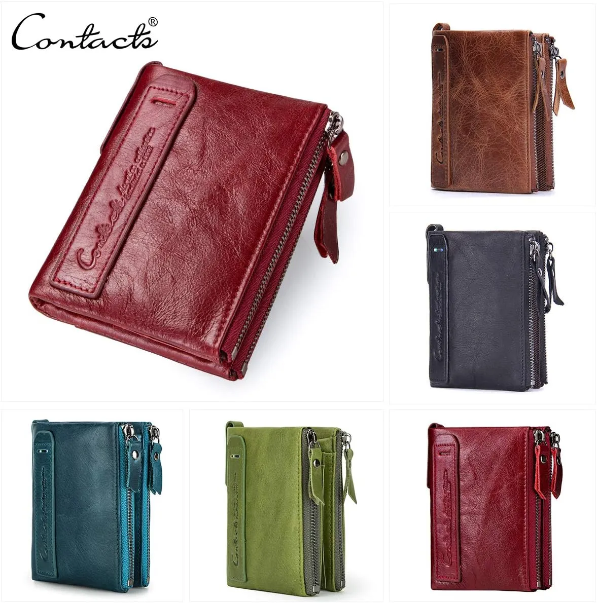 Leather Wallets for Women, Men's Genuine Leather Card Holder Purse Zipper Coin Pocket Double Zipper Bifold Wallet (Red)