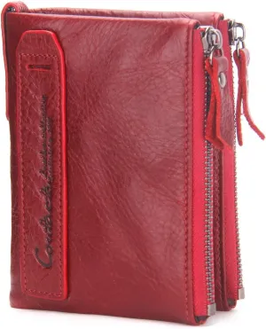 Leather Wallets for Women, Men's Genuine Leather Card Holder Purse Zipper Coin Pocket Double Zipper Bifold Wallet (Red)